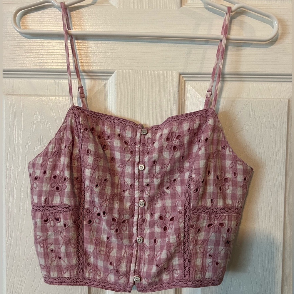 American Eagle Outfitters Womenโs Pink Checkered Cropped Tank Top- NWT